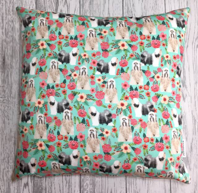 Tibetan Terrier Dog Print Cushion Cover in Mint Floral Design - Home Decor, Pillow Cover, Country Home & Living, Decorative Pillow, 38x38cm - image 1