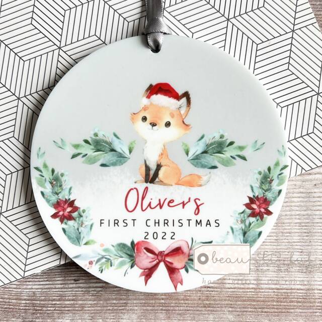 Personalised 1st Christmas Baby Babies Baby's First Woodland Fox Signpost Design Acrylic Round Ornament Keepsake Boy Child Gift