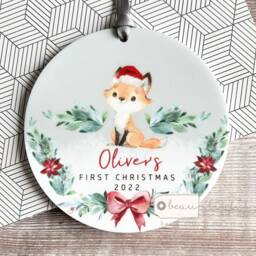 Personalised 1st Christmas Baby Babies Baby's First Woodland Fox Signpost Design Acrylic Round Ornament Keepsake Boy Child Gift