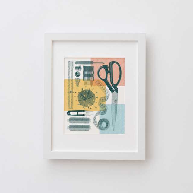 Sewing Flatlay Wall Art Print - Vintage Poster Design, Archival Quality Matte Fine Art Print. Risograph Sewing Print, Craft Hobby Gift - image 1