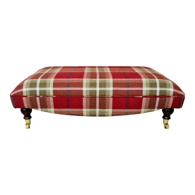 Extra Large Footstool - Balmoral Red Tartan Fabric Dark Solid Wood Legs - image 1