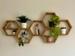 Solid Oak Hexagon Shelves - Set Of 6 - Rustic Wall Decor