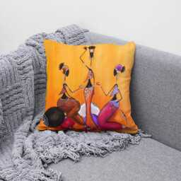African Women Art Cushion Cover Orange Afro Boho Decor - thumbnail 3