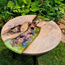 Round Dining Table, Led, Real Flower Design, Epoxy Resin Artwork, River Color Green - thumbnail 1