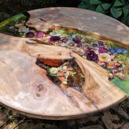 Round Dining Table, Led, Real Flower Design, Epoxy Resin Artwork, River Color Green - thumbnail 2