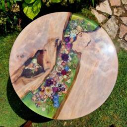 Round Dining Table, Led, Real Flower Design, Epoxy Resin Artwork, River Color Green - thumbnail 3