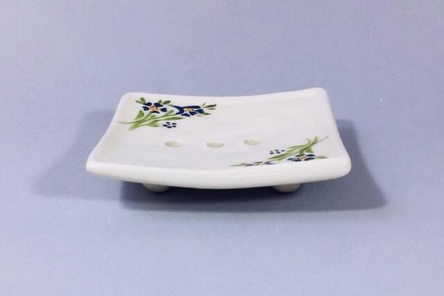 White Ceramic Handmade Soap Dish, Holder, Sponge Holder Rest, Tray Bathroom Decor Retro Vintage Style, Blue Flowers - image 1