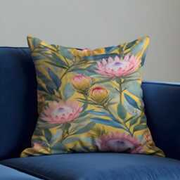 Yellow Floral Cushion Cover, Pink Protea Pillow Case, Botanical Throw Bold Sofa Home Decor - thumbnail 3
