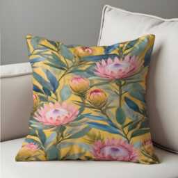 Yellow Floral Cushion Cover, Pink Protea Pillow Case, Botanical Throw Bold Sofa Home Decor - thumbnail 4