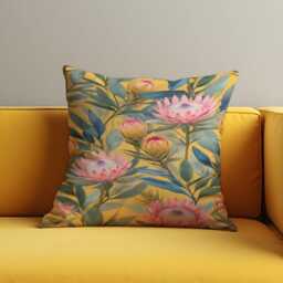 Yellow Floral Cushion Cover, Pink Protea Pillow Case, Botanical Throw Bold Sofa Home Decor