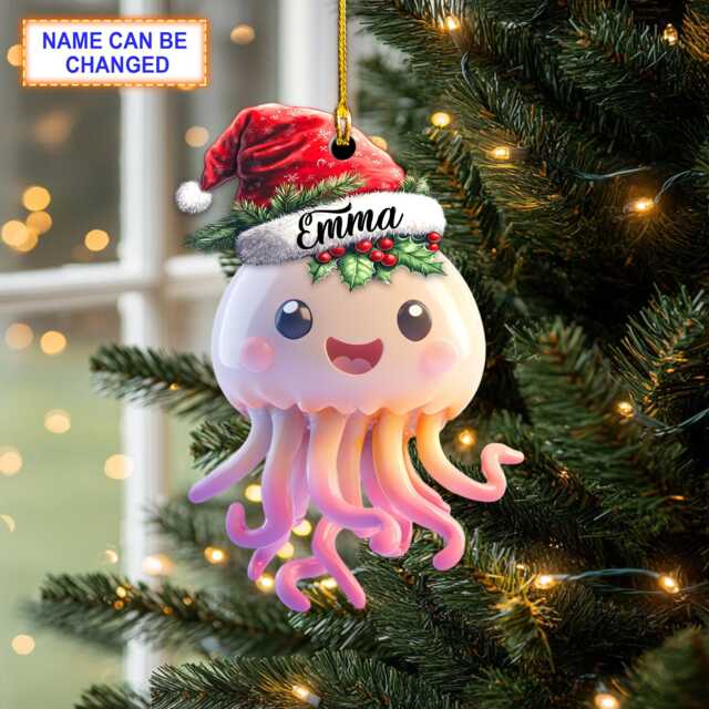 Custom Name Cute Jellyfish Smiling With Santa Hat Personalized Ornament, Christmas Tree Hanging Decor, Flat 2D Ornament - image 1