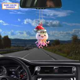 Custom Name Cute Jellyfish Smiling With Santa Hat Personalized Ornament, Christmas Tree Hanging Decor, Flat 2D Ornament - thumbnail 3