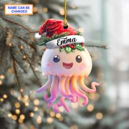 Custom Name Cute Jellyfish Smiling With Santa Hat Personalized Ornament, Christmas Tree Hanging Decor, Flat 2D Ornament - thumbnail 2