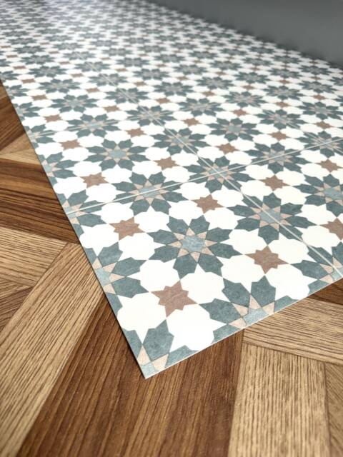 Kitchen Runner Floor Mat in Geometric Star Tile Pattern, Brown & White Decorative Moroccan Style Lino Rug - image 1