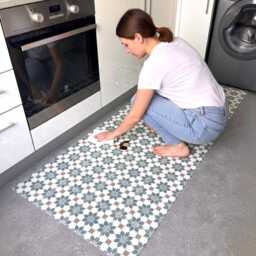 Kitchen Runner Floor Mat in Geometric Star Tile Pattern, Brown & White Decorative Moroccan Style Lino Rug - thumbnail 3