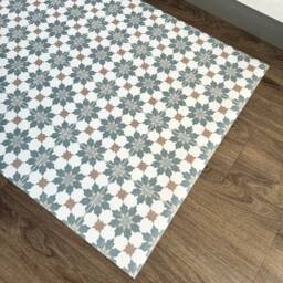 Kitchen Runner Floor Mat in Geometric Star Tile Pattern, Brown & White Decorative Moroccan Style Lino Rug - thumbnail 4