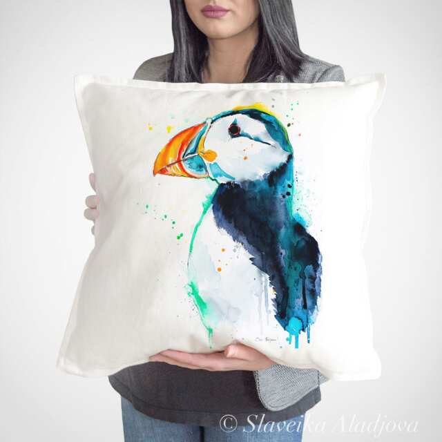 Puffin Bird Throw Pillow Cover By Slaveika Aladjova, Cushion Cover, Decorative Pillow Cover, Animal Art, Watercolor Pillow, Christmas Gift - image 1