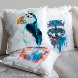 Puffin Bird Throw Pillow Cover By Slaveika Aladjova, Cushion Cover, Decorative Pillow Cover, Animal Art, Watercolor Pillow, Christmas Gift - thumbnail 2