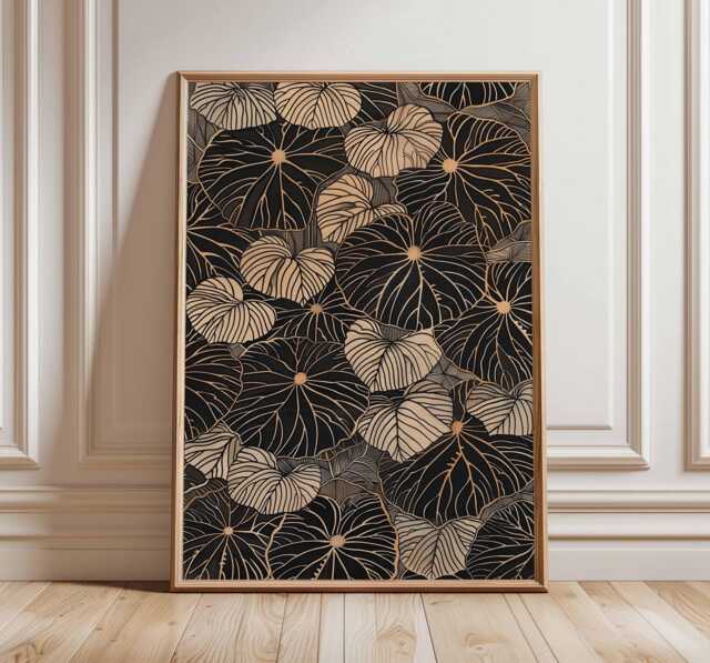 Modern Japandi Leaf Wall Art, Minimal Botanical Poster, Neutral Plant Print, Line Art Decor, Unframed Nature Black Beige Print - image 1