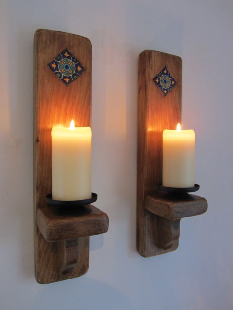 Pair Of 50cm Tall Chunky Reclaimed Plank Wood Rustic Mexican Wall Sconce's Candle Holders Hand Painted Tiles - image 1
