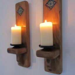 Pair Of 50cm Tall Chunky Reclaimed Plank Wood Rustic Mexican Wall Sconce's Candle Holders Hand Painted Tiles - thumbnail 2