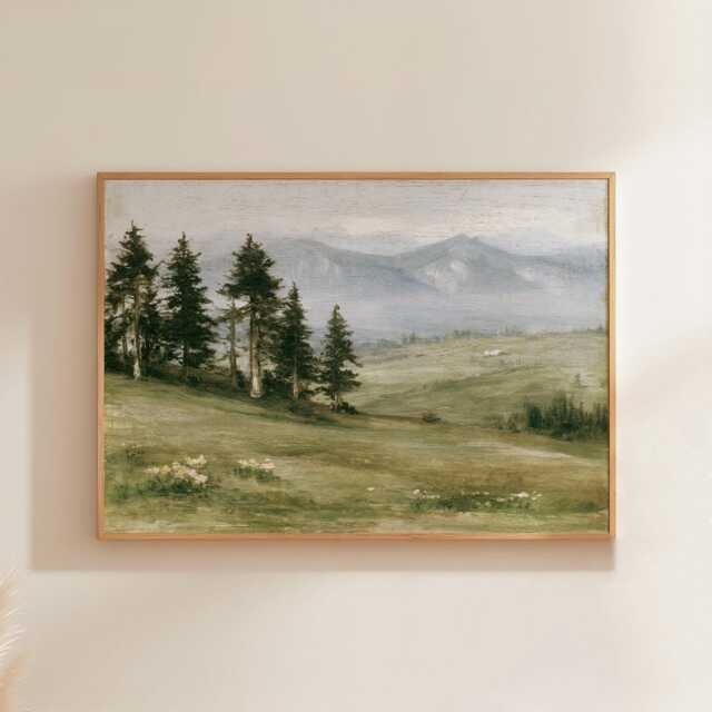 Mountain Meadow Poster, Pine Landscape Print, Nature Wall Art, Paper - image 1