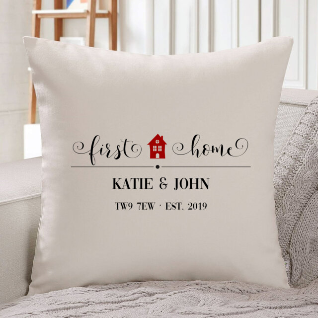 First Home Cushion Cover With Names, Date & Postcode/Housewarming Gift Gift For New Wedding Throw Pillow Square Cover - image 1
