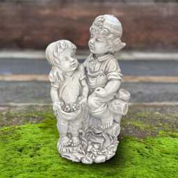 Stone Kids Picking Flowers Statue Boy With Girl Sculpture Cute Children Decoration Handmade Siblings Yard Ornament Art Gift - thumbnail 1