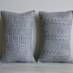 Basket Weave Knit Pillow Cover in Grey 12 X 18 Inch Textured Wool Cotton - thumbnail 2