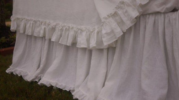 Linen Dust Ruffle With Mini Ruffles, Linen Bedskirt, Bed Skirts, Vintage Shabby Chic Bedding, Skirt, Queen Skirt - image 1