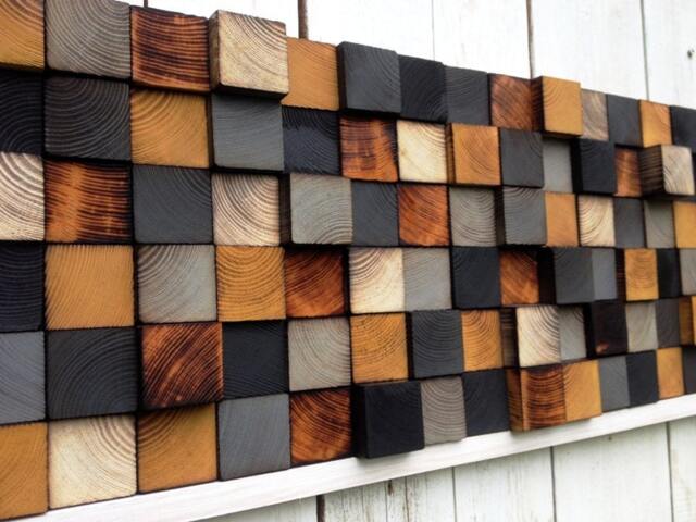 Reclaimed Pine Wood Wall Art - Rustic Gray, Black, & Mustard Sculpture - image 1