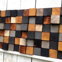 Reclaimed Pine Wood Wall Art - Rustic Gray, Black, & Mustard Sculpture - thumbnail 4
