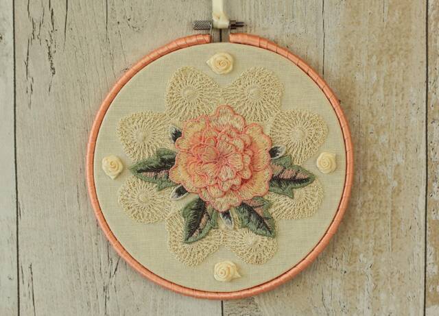 Floral Embroidery Hoop Wall Hanging Peach Flower, Cream Lace Doily - image 1