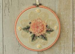 Floral Embroidery Hoop Wall Hanging Peach Flower, Cream Lace Doily
