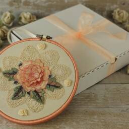 Floral Embroidery Hoop Wall Hanging Peach Flower, Cream Lace Doily - thumbnail 4