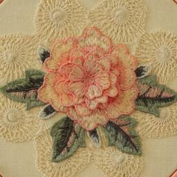 Floral Embroidery Hoop Wall Hanging Peach Flower, Cream Lace Doily - thumbnail 2