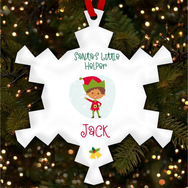 Dark Skin Boy Elf Snowflakes Personalised Christmas Tree Ornament Decoration