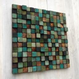 Reclaimed Pine Wood Wall Art - Green Turquoise Mosaic Sculpture - thumbnail 4