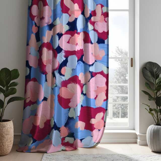 Abstract Floral Brushstroke Eyelet Curtains, Bold Blue, Pink & Red Hand-Painted Style Drapes, Modern Window Treatment, Custom Length Panels - image 1