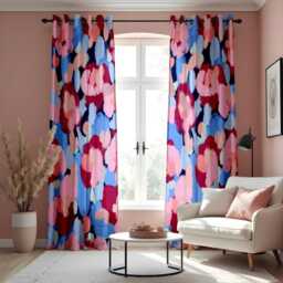 Abstract Floral Brushstroke Eyelet Curtains, Bold Blue, Pink & Red Hand-Painted Style Drapes, Modern Window Treatment, Custom Length Panels - thumbnail 3