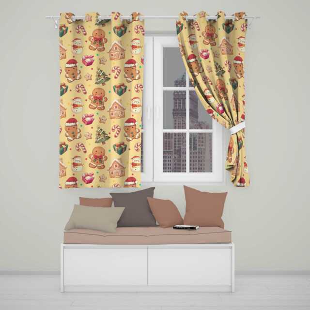 Christmas Gingerbread Man Tree Gift Snowman On Soft Yellow Background Seamless Readymade Eyelet Ring Top Thermal 100% Blackout Curtains - image 1