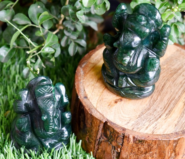 Green Jade Ganesha Statue Gemstone Semi Precious Handcarved God Of Intelligence Good Luck - image 1