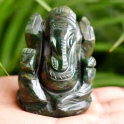 Green Jade Ganesha Statue Gemstone Semi Precious Handcarved God Of Intelligence Good Luck - thumbnail 2