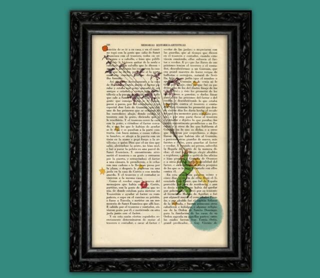 The Little Prince Flying With Birds - Book Art Print On Vintage Dictionary Page Away From His Asteroid Home - 47-N??8 - image 1