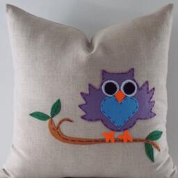 Owl Linen Pillow Cover Natural Throw Cushion - 18''x18'' - thumbnail 3