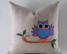 Owl Linen Pillow Cover Natural Throw Cushion - 18''x18'' - thumbnail 1
