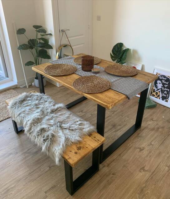Rustic Dining Table & Bench Reclaimed Scaffold Board, Square Industrial Legs - image 1
