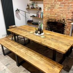 Rustic Dining Table & Bench Reclaimed Scaffold Board, Square Industrial Legs - thumbnail 2