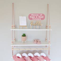 Nursery Shelf With Clothes Rail, White Swing Rope Shelf, Shelves Hanging Pink Shelves, Decor