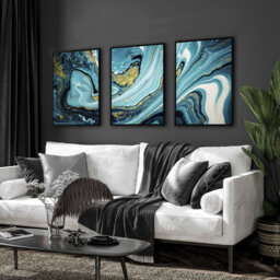 Teal & Gold Home Office Decor Set Of 3 Prints, Calming For Lawyer, Maximalist Abstract Marble Wall Art Living Room